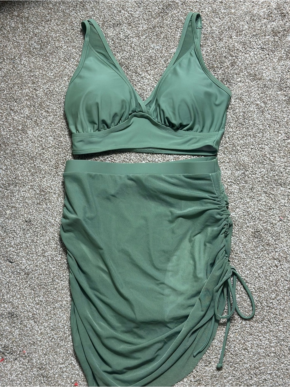 High-Waist Sage Green Bikini Set with Ruched Skirt